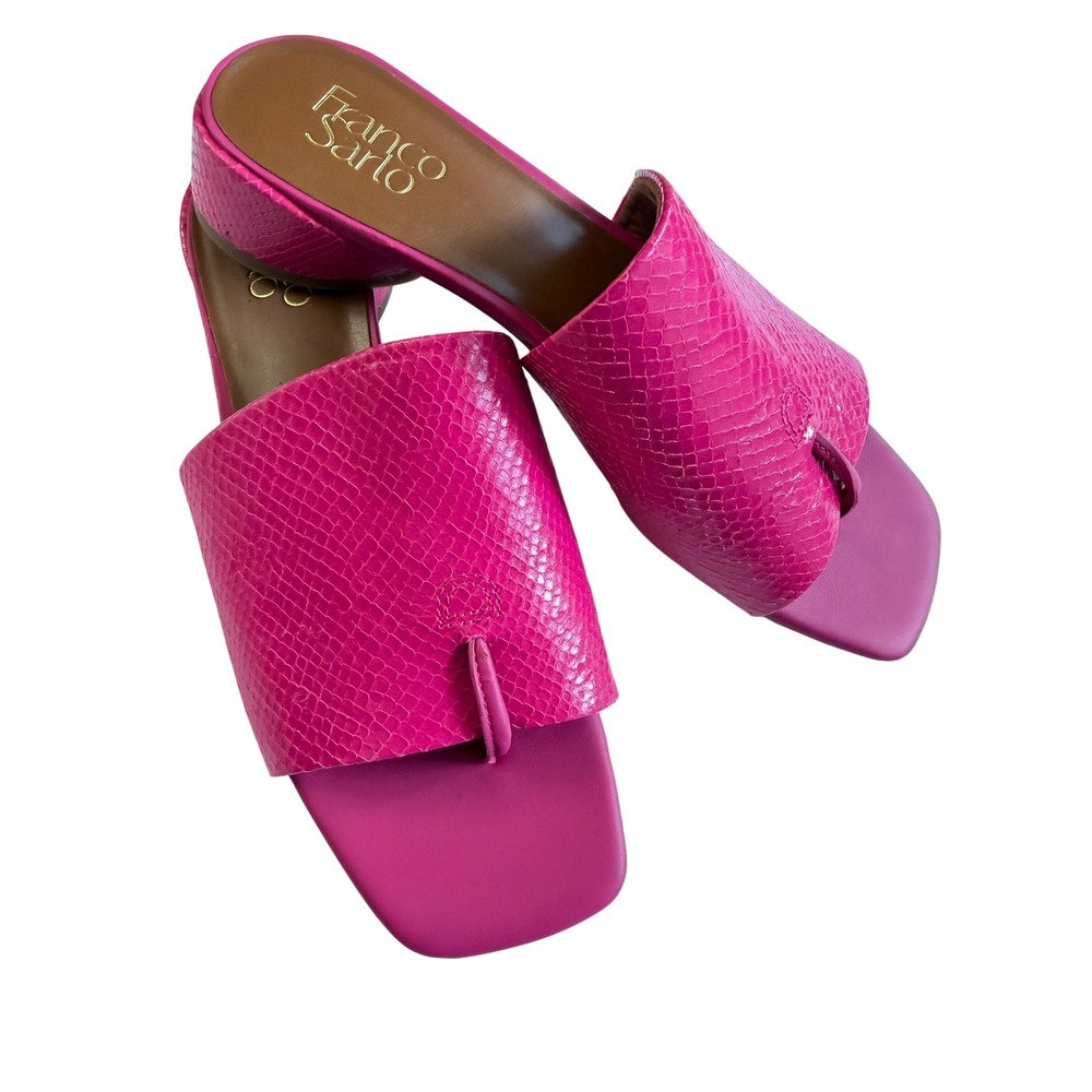 Franco Sarto Loran Slide Sandals 8.5 Pink Snakeskin Block Heel Thong Slide